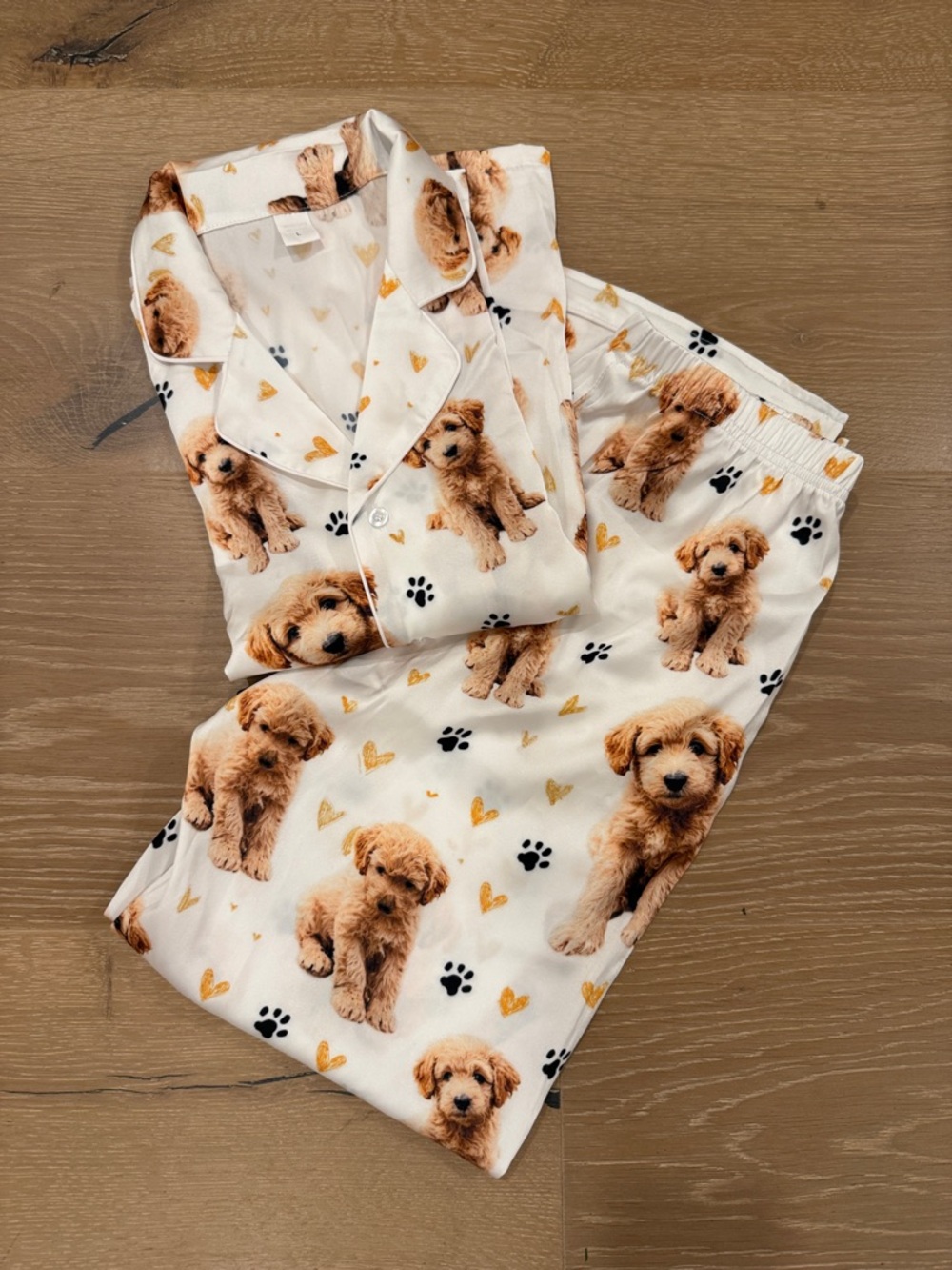 Puppy Print Button-Up Pajama Set - Cream with Tan Puppies